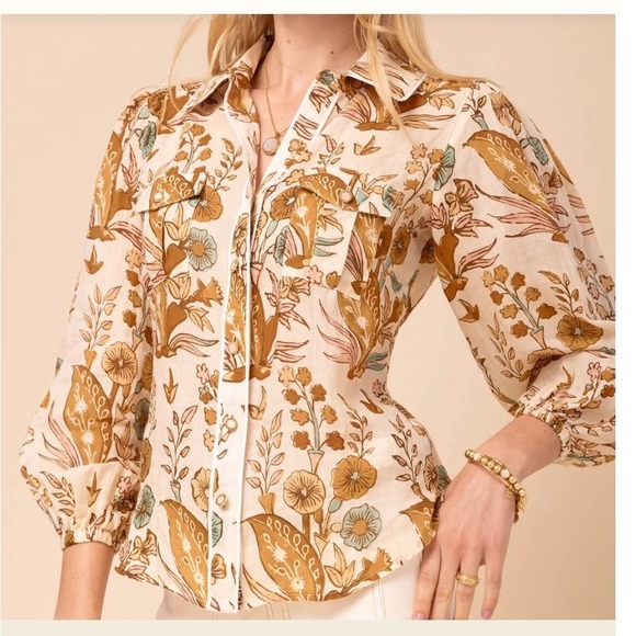 Spartina 449 Tops - Spartina 449 Claudette Woven Blouse Size L Mercer House Woodblock Floral Cream
